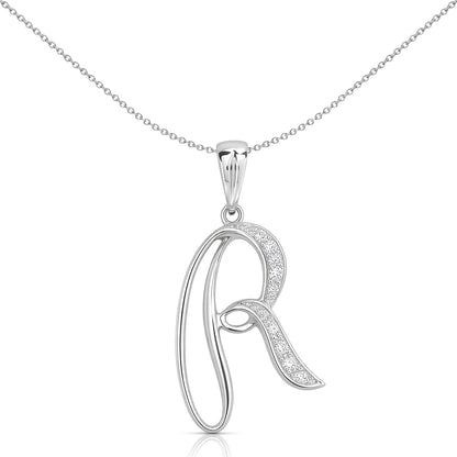 9ct White Gold  Diamond Script Initial ID Charm Pendant Letter R - 9P060-R