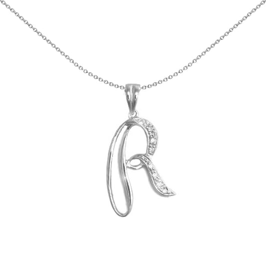 9ct White Gold  Diamond Script Initial ID Charm Pendant Letter R - 9P060-R