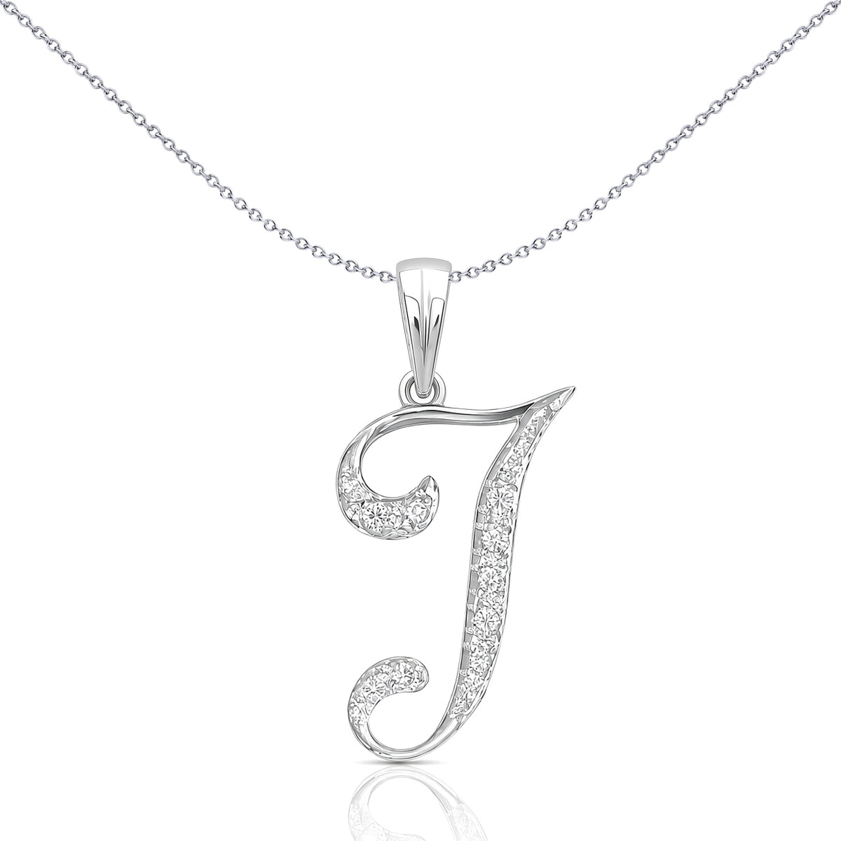 9ct White Gold  Diamond Script Initial ID Charm Pendant Letter T - 9P060-T