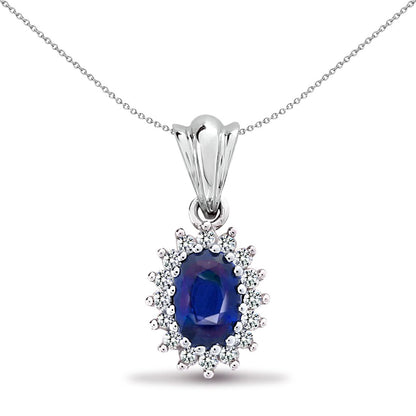9ct White Gold  Diamond Blue Sapphire Royal Cluster Pendant - 9P063