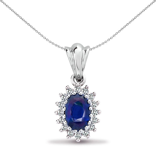 9ct White Gold  Diamond Blue Sapphire Royal Cluster Pendant - 9P063