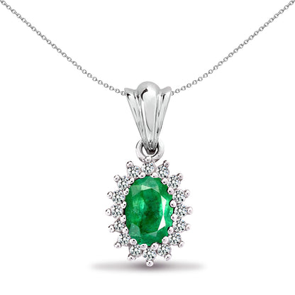 9ct White Gold  Diamond Green Emerald Royal Cluster Pendant - 9P068