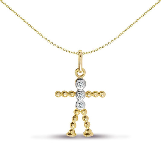 9ct Gold  0.05ct Diamond Corndolly Boy Stick Man Figure Charm Pendant - 9P077