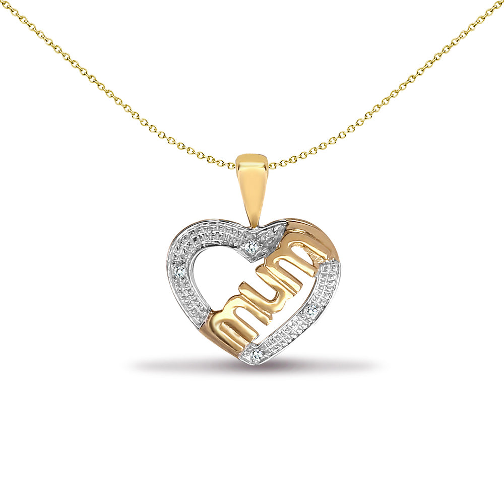 9ct Gold  0.02ct Diamond Love Heart MUM Charm Pendant - 9P081