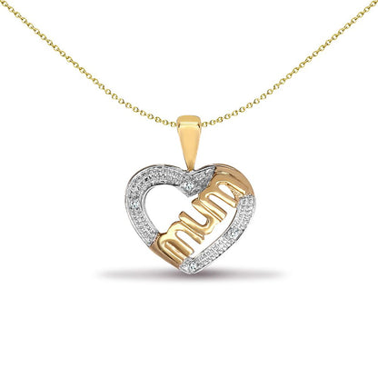 9ct Gold  0.02ct Diamond Love Heart MUM Charm Pendant - 9P081