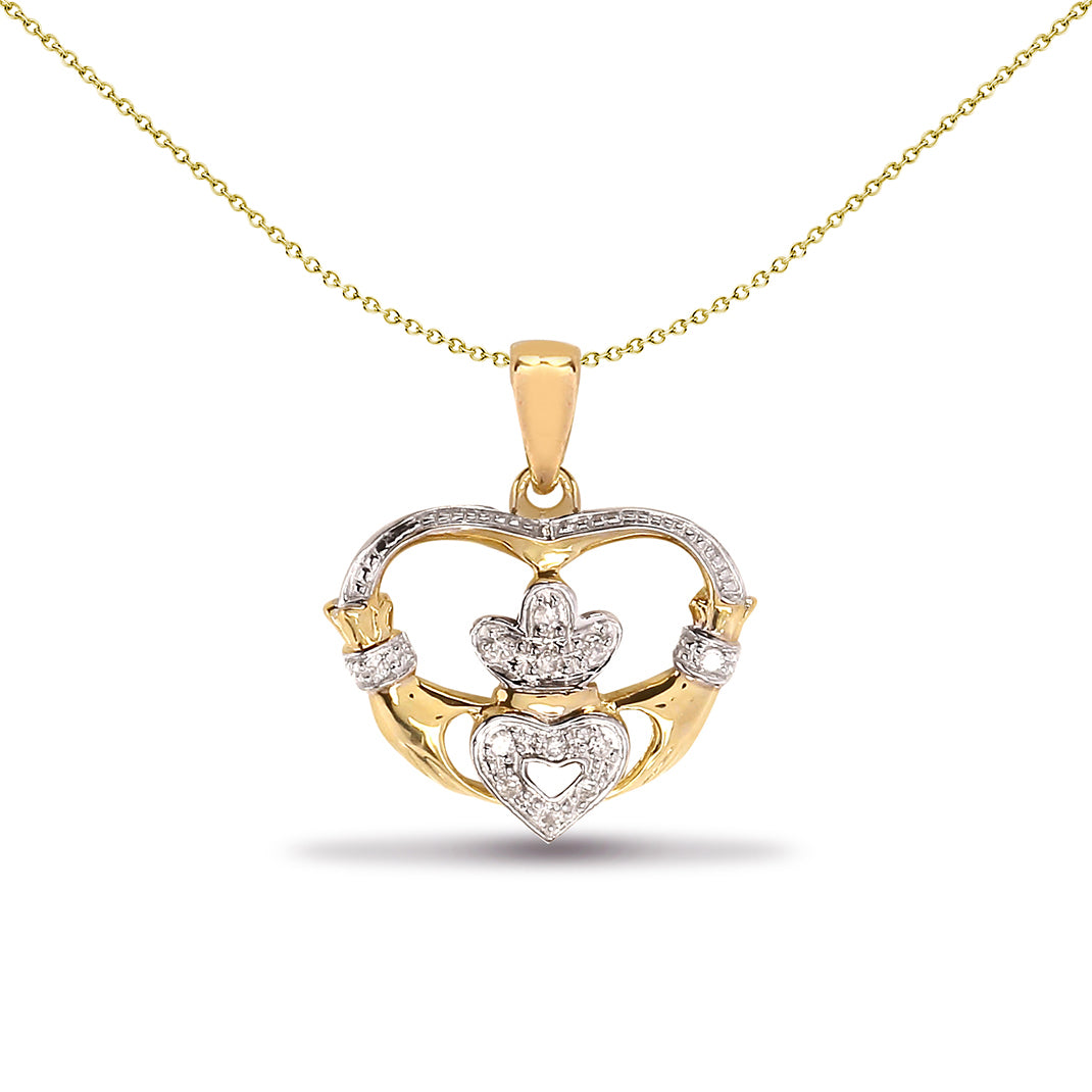 9ct Gold  0.06ct Diamond Claddagh fáinne Chladaigh Charm Pendant - 9P082