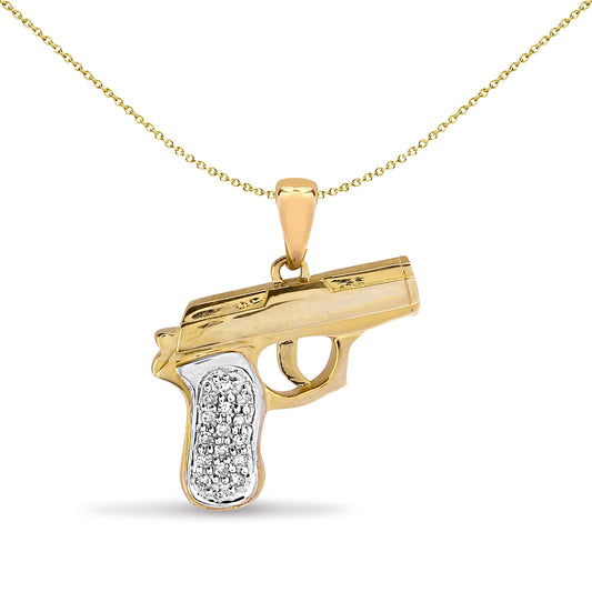 Mens 9ct Gold  0.1ct Diamond Handgun Pistol Glock Charm Pendant - 9P089
