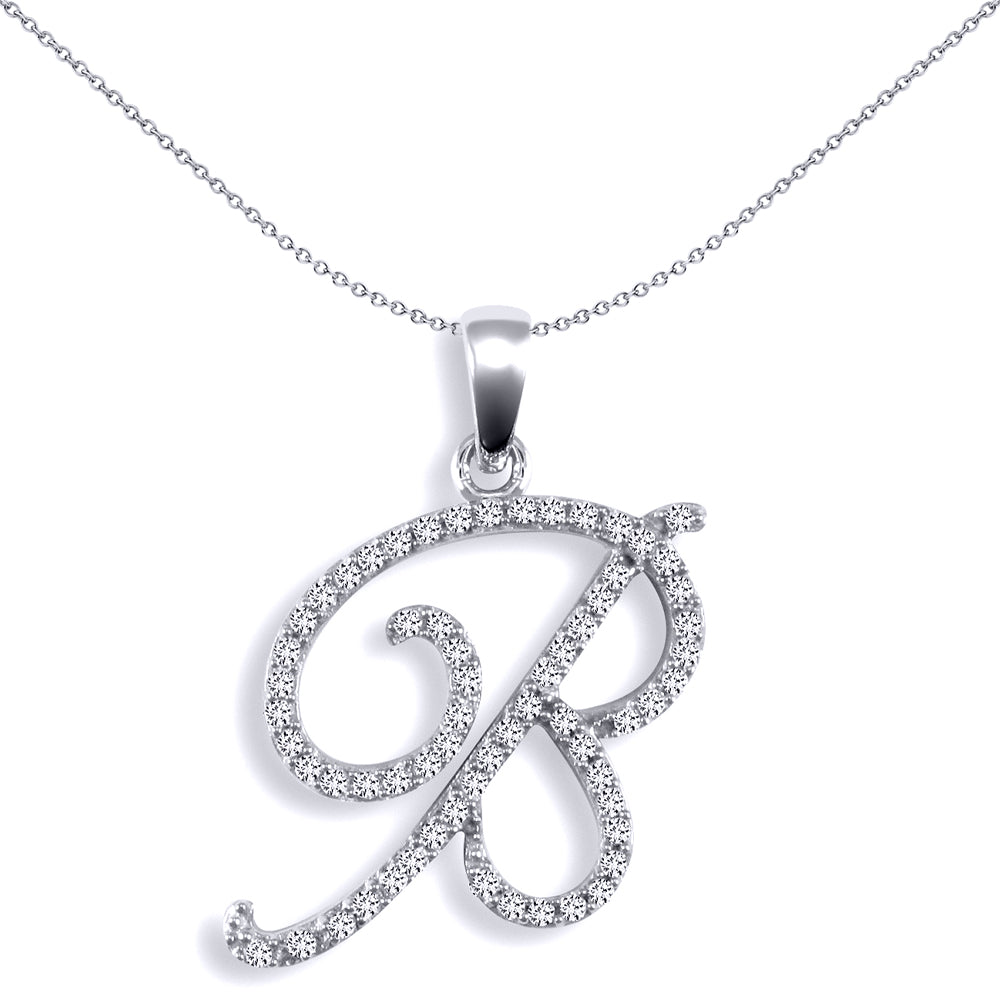 9ct White Gold  Diamond Calligraphy Initial Pendant Letter B - 9P106-B