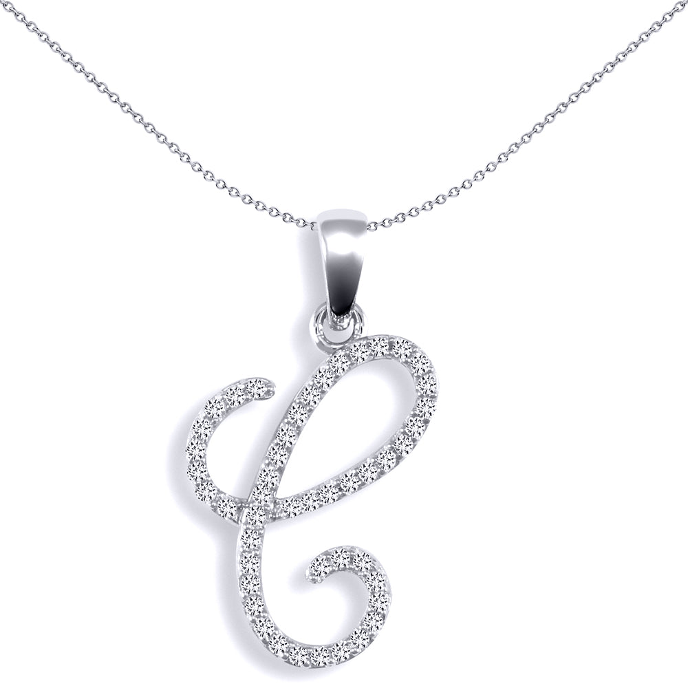 9ct White Gold  Diamond Calligraphy Initial Pendant Letter C - 9P106-C