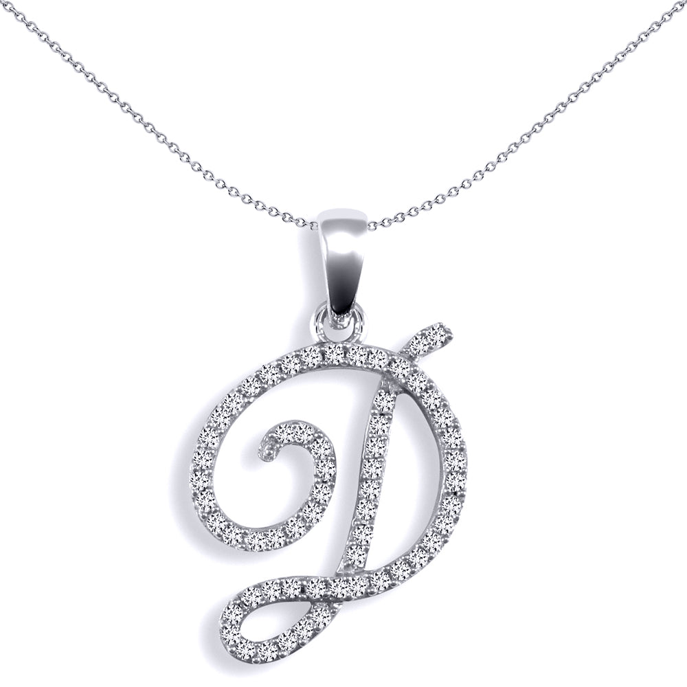 9ct White Gold  Diamond Calligraphy Initial Pendant Letter D - 9P106-D