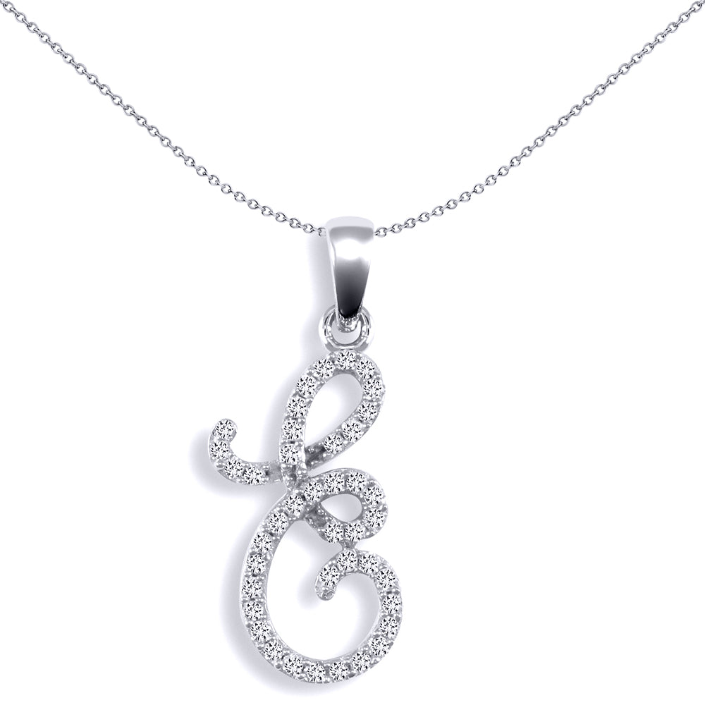 9ct White Gold  Diamond Calligraphy Initial Pendant Letter E - 9P106-E