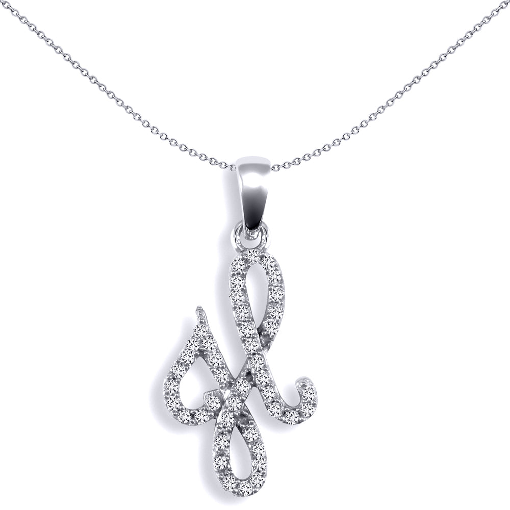 9ct White Gold  Diamond Calligraphy Initial Pendant Letter H - 9P106-H