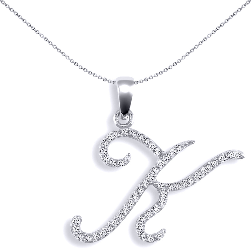 9ct White Gold  Diamond Calligraphy Initial Pendant Letter K - 9P106-K