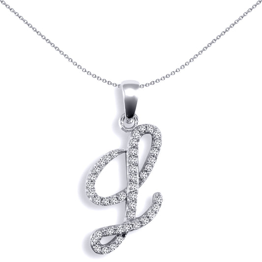 9ct White Gold  Diamond Calligraphy Initial Pendant Letter L - 9P106-L