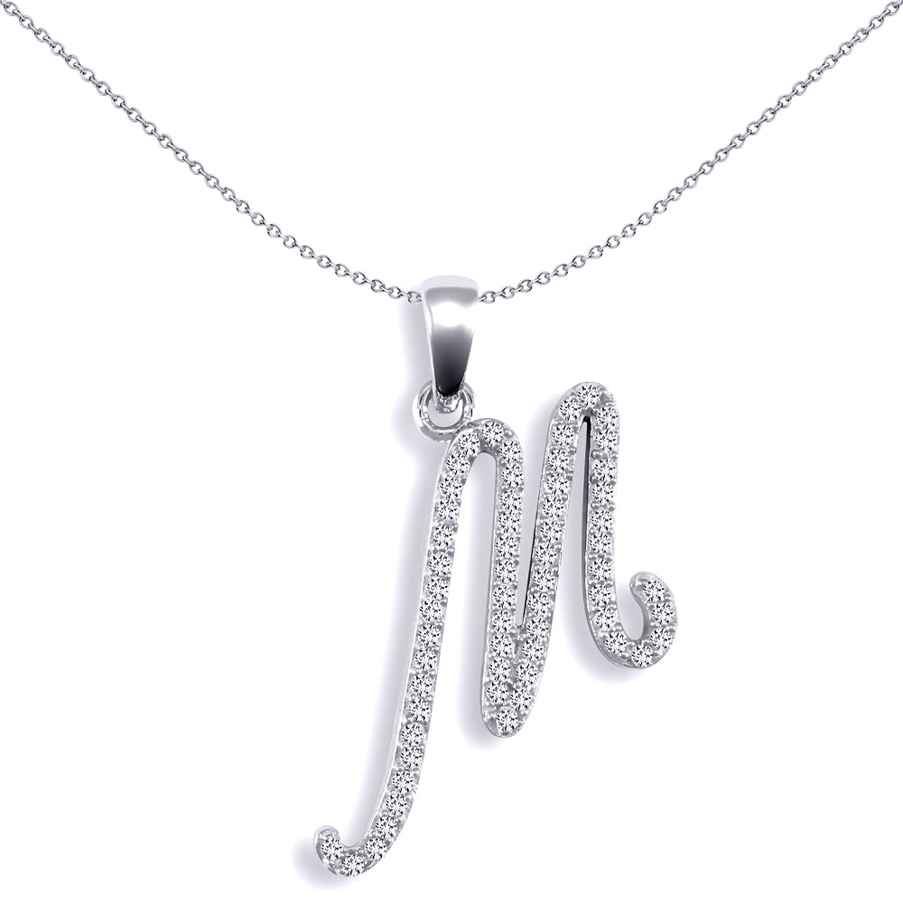 9ct White Gold  Diamond Calligraphy Initial Pendant Letter M - 9P106-M