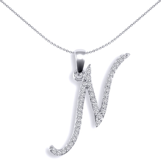 9ct White Gold  Diamond Calligraphy Initial Pendant Letter N - 9P106-N
