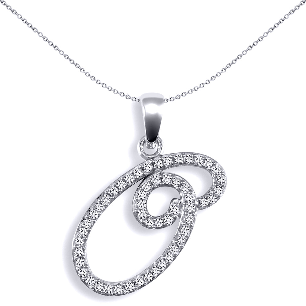 9ct White Gold  Diamond Calligraphy Initial Pendant Letter O - 9P106-O