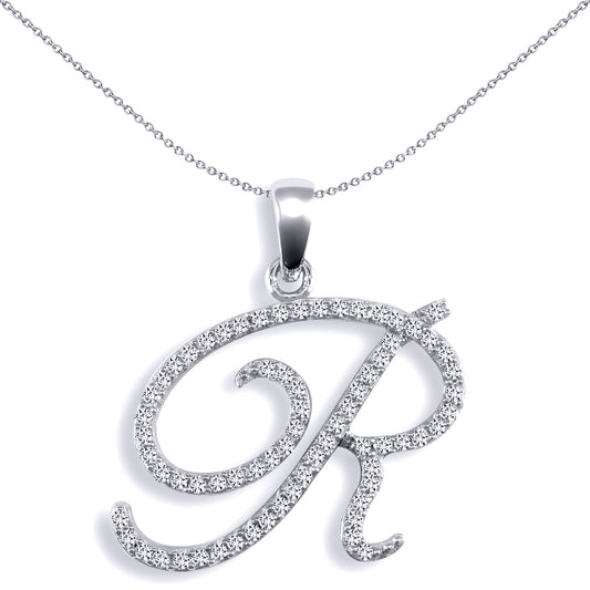 9ct White Gold  Diamond Calligraphy Initial Pendant Letter R - 9P106-R