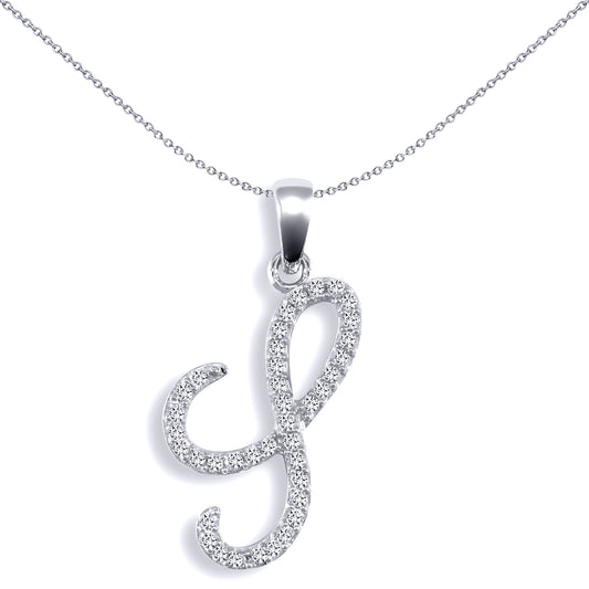 9ct White Gold  Diamond Calligraphy Initial Pendant Letter S - 9P106-S