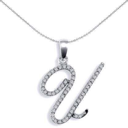 9ct White Gold  Diamond Calligraphy Initial Pendant Letter U - 9P106-U