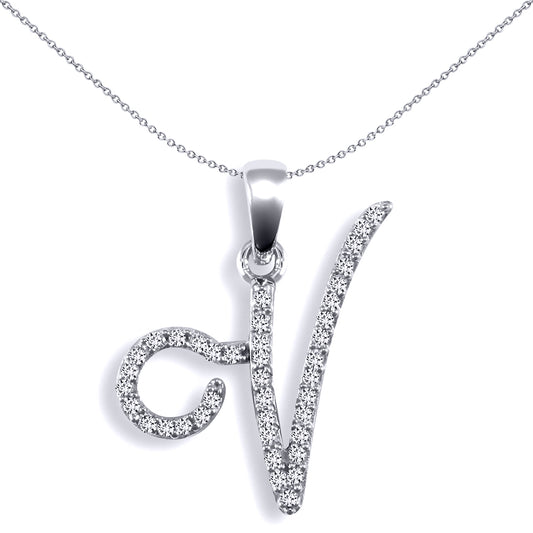 9ct White Gold  Diamond Calligraphy Initial Pendant Letter V - 9P106-V