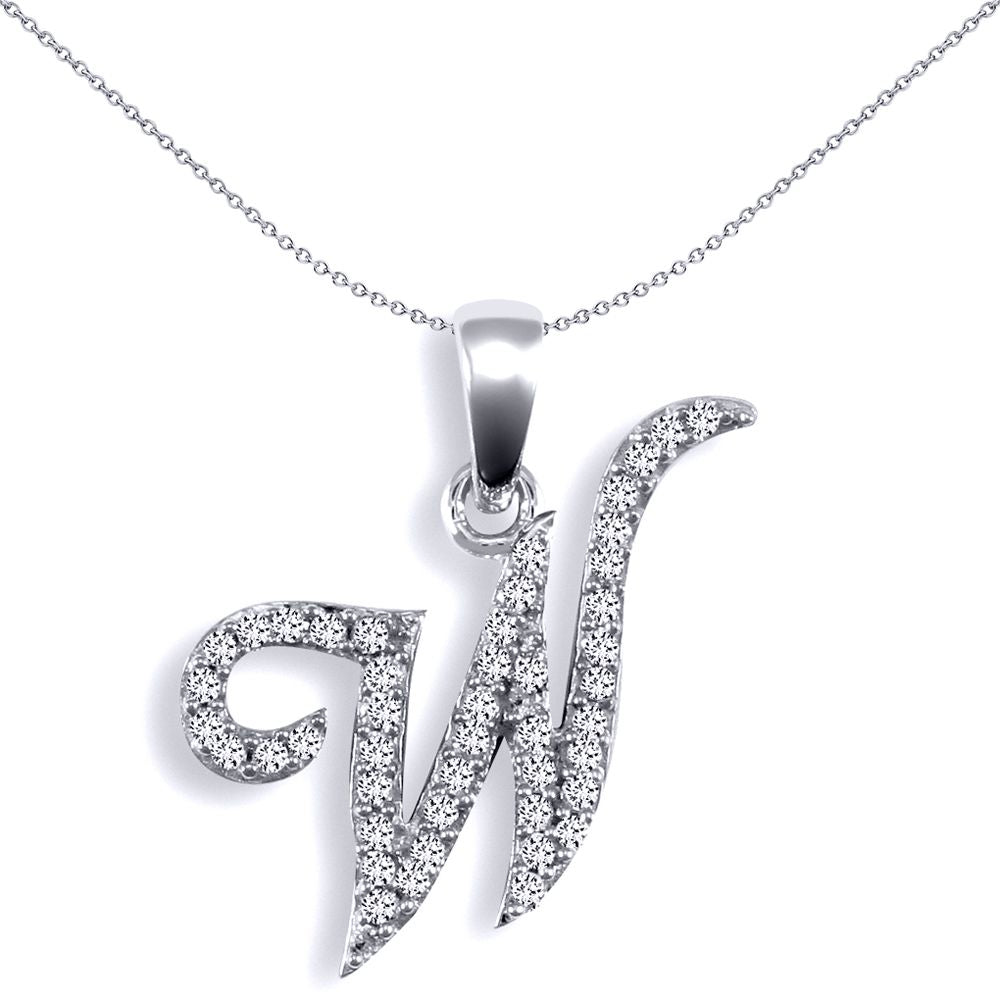 9ct White Gold  Diamond Calligraphy Initial Pendant Letter W - 9P106-W