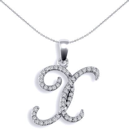 9ct White Gold  Diamond Calligraphy Initial Pendant Letter X - 9P106-X