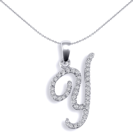 9ct White Gold  Diamond Calligraphy Initial Pendant Letter Y - 9P106-Y