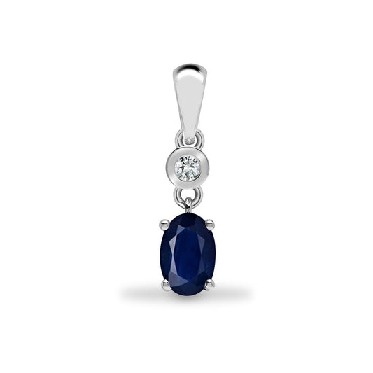9ct White Gold Diamond Blue Sapphire Donut Solitaire Drop Pendant - 9P141