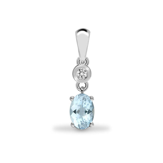 9ct White Gold Diamond Aquamarine Donut Solitaire Drop Pendant - 9P143