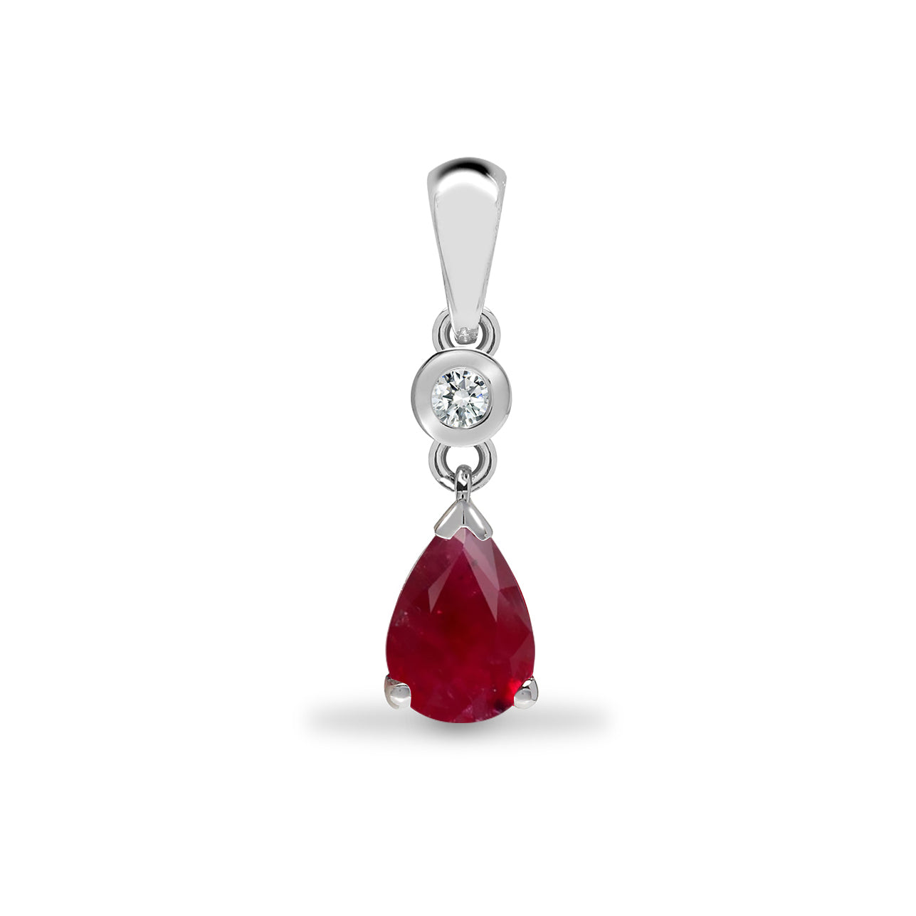 9ct White Gold  Diamond Ruby Happy Tears Solitaire Drop Pendant - 9P146