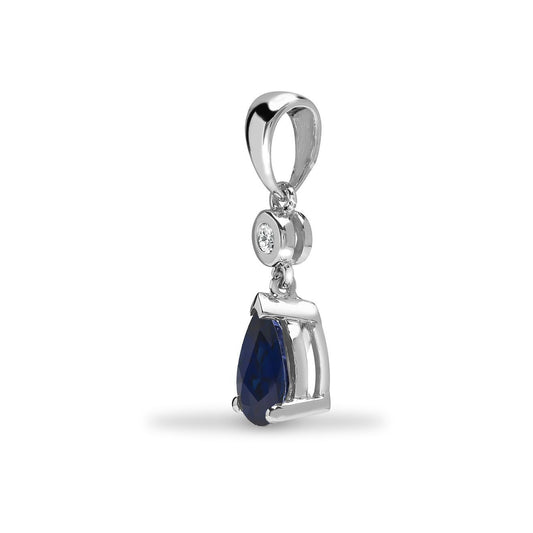 9ct White Gold  Diamond Sapphire Happy Tear Solitaire Drop Pendant - 9P147