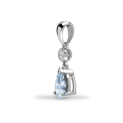9ct White Gold  Diamond Aquamarine Tear Solitaire Drop Pendant - 9P148