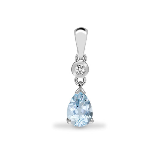 9ct White Gold Diamond Aquamarine Tear Solitaire Drop Pendant - 9P148