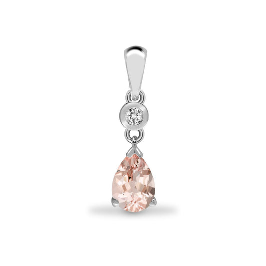 9ct White Gold Diamond Peach Morganite Tear Solitaire Pendant - 9P149