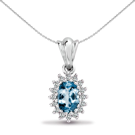 9ct White Gold Diamond Blue Topaz Royal Cluster Pendant - 9P163