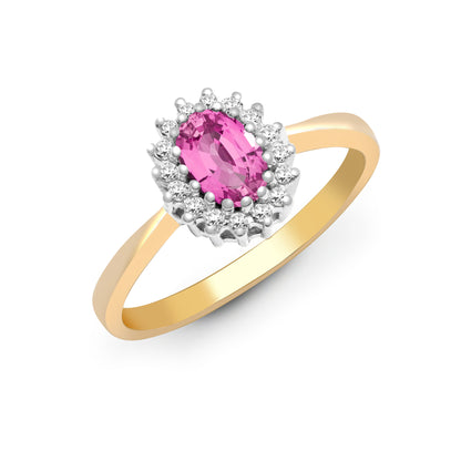 9ct Gold  Diamond Pink Sapphire Classic Royal Cluster Ring 9mm - 9R404