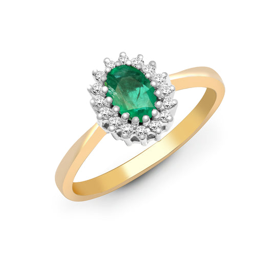 9ct Gold  Diamond Green Emerald Classic Royal Cluster Ring 9mm - 9R406