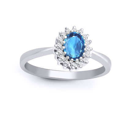 9ct White Gold  Diamond Blue Topaz Classic Royal Cluster Ring 9mm - 9R410