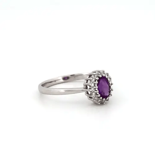9ct White Gold  Diamond Amethyst Classic Royal Cluster Ring 9mm - 9R412