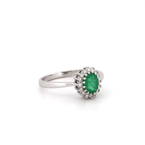 9ct White Gold  Diamond Emerald Classic Royal Cluster Ring 9mm - 9R416