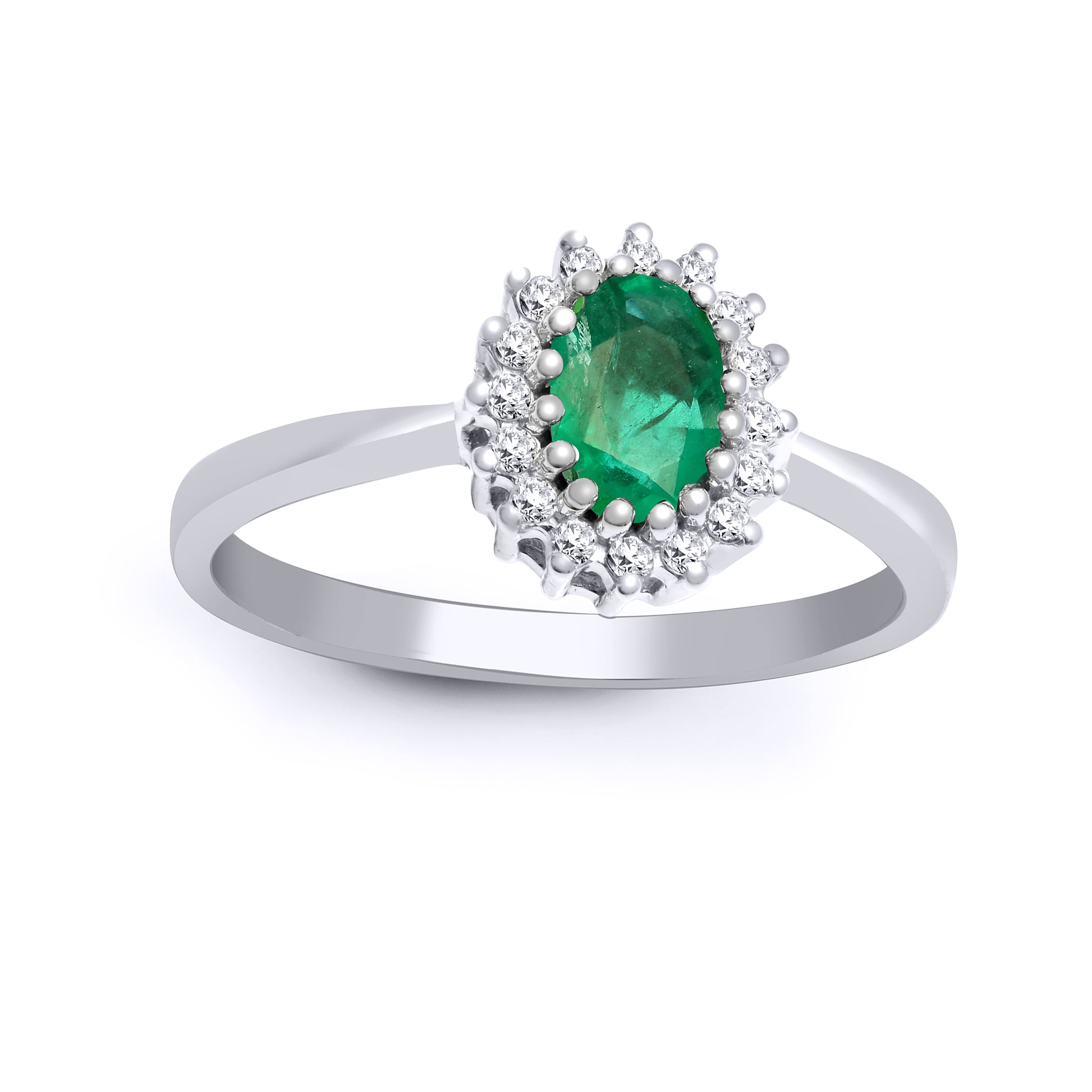 9ct White Gold  Diamond Emerald Classic Royal Cluster Ring 9mm - 9R416