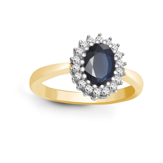 9ct Gold  Diamond Blue Sapphire Classic Royal Cluster Ring 11mm - 9R421