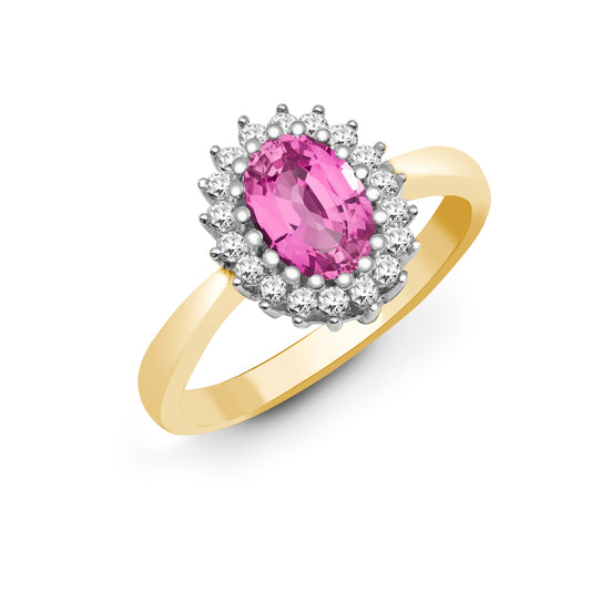 9ct Gold  Diamond Pink Sapphire Classic Royal Cluster Ring 11mm - 9R424