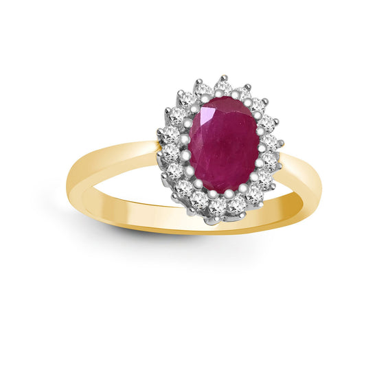 9ct Gold  Diamond Red Ruby Classic Royal Cluster Ring 11mm - 9R425