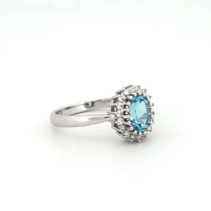 9ct White Gold  Diamond Blue Topaz Classic Royal Cluster Ring 11mm - 9R430