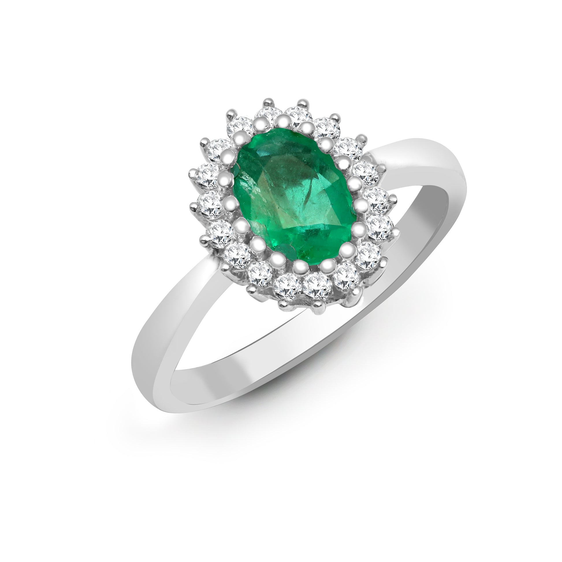 9ct White Gold  Diamond Emerald Classic Royal Cluster Ring 11mm - 9R436