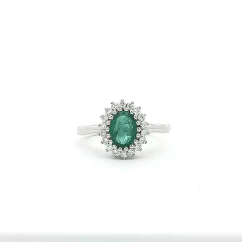 9ct White Gold  Diamond Emerald Classic Royal Cluster Ring 11mm - 9R436