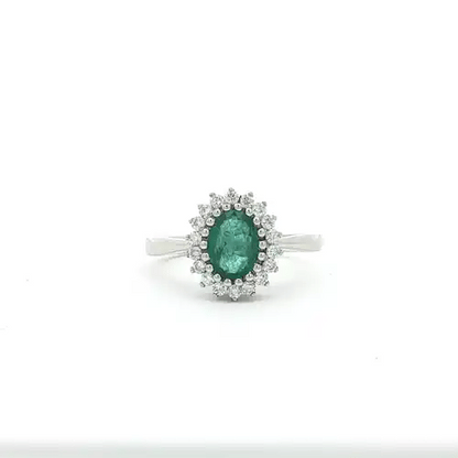 9ct White Gold  Diamond Emerald Classic Royal Cluster Ring 11mm - 9R436