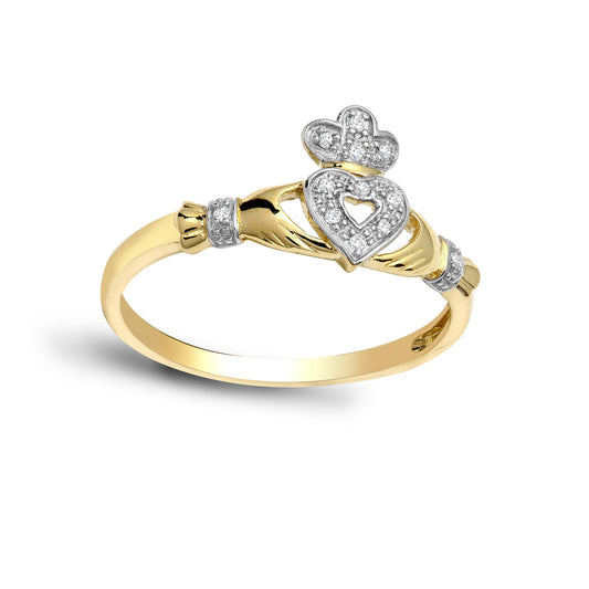 9ct Gold  Diamond Claddagh fáinne Chladaigh Cocktail Ring 10mm - 9R540